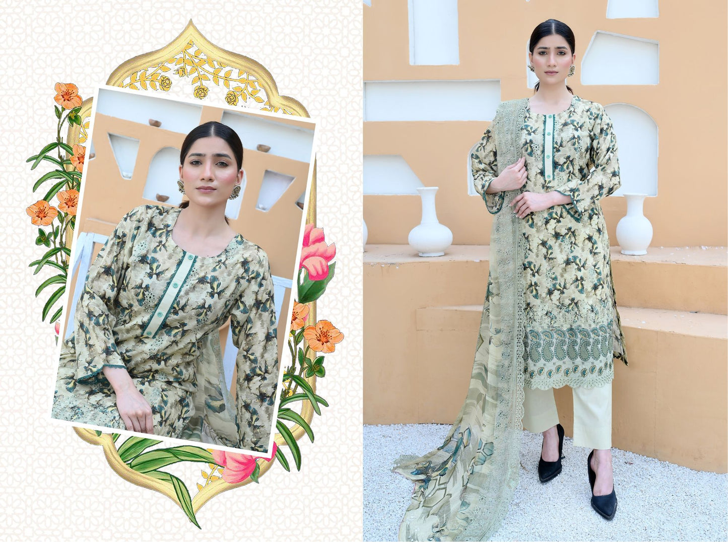 Florence - Festive Embroidered Luxury Lawn (Mustard Black)