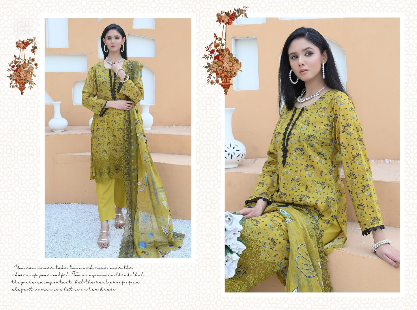 Florence - Festive Embroidered Luxury Lawn (Mustard Black)