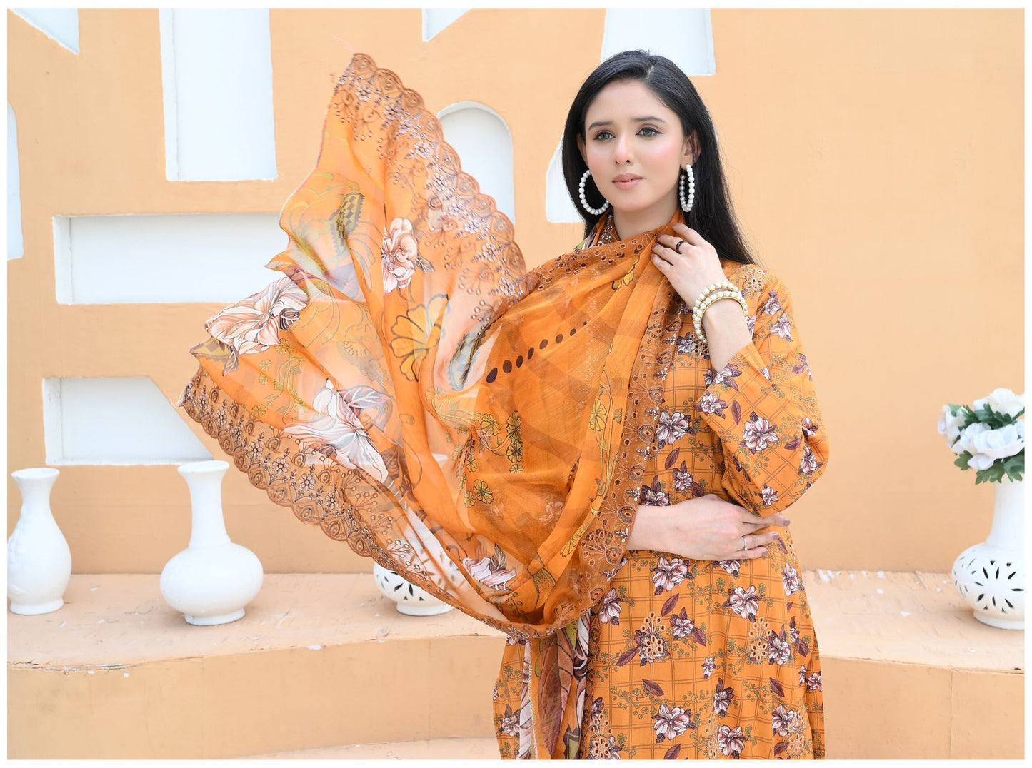 Florence - Festive Embroidered Luxury Lawn (Mustard Black)