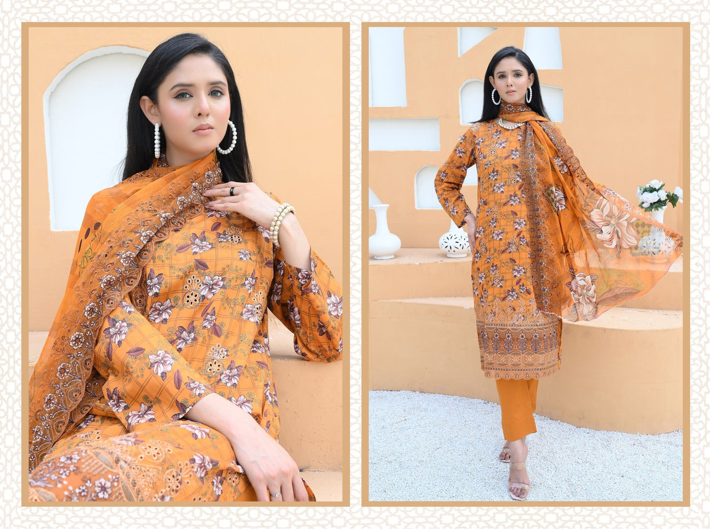 Florence - Festive Embroidered Luxury Lawn (Mustard Black)