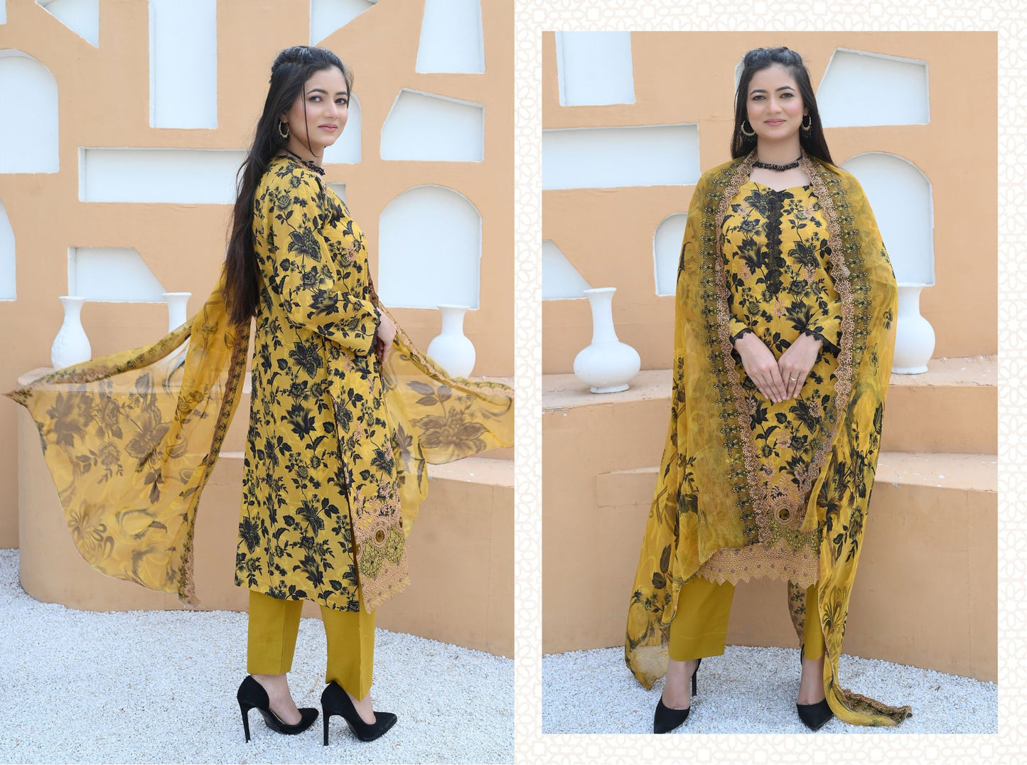 Florence - Festive Embroidered Luxury Lawn (Mustard Black)
