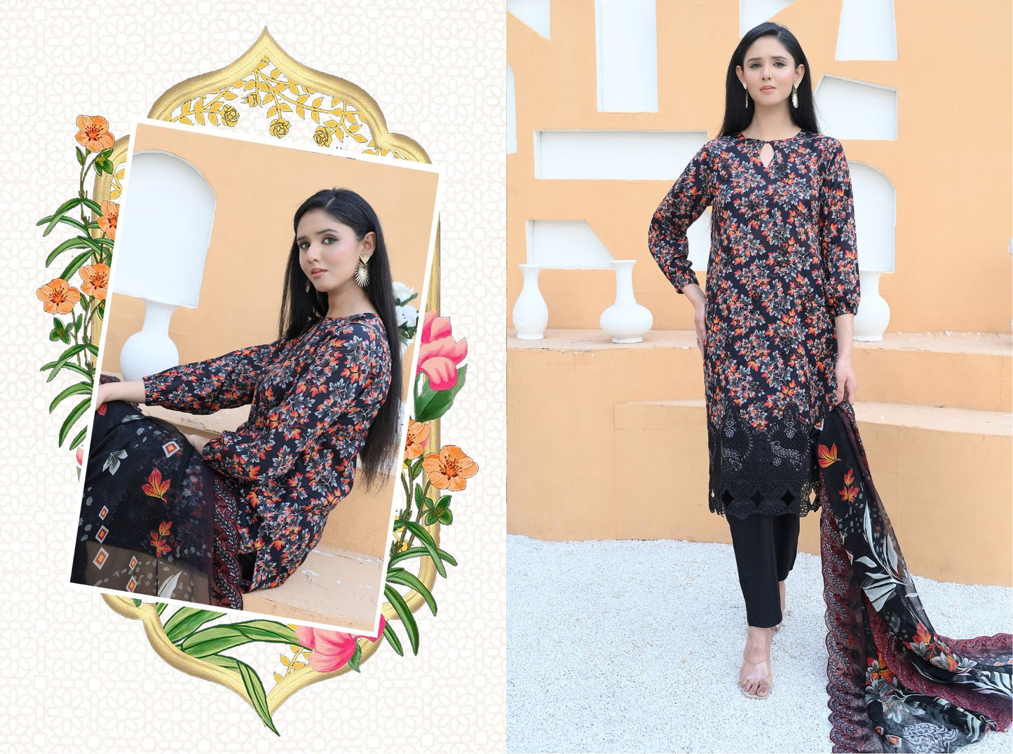 Florence - Festive Embroidered Luxury Lawn (Mustard Black)