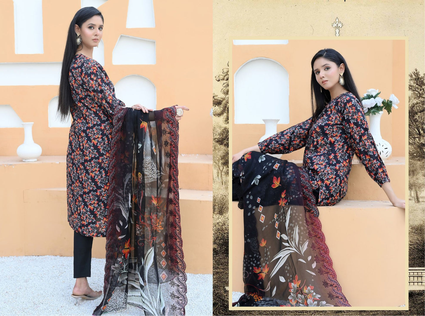Florence - Festive Embroidered Luxury Lawn (Mustard Black)