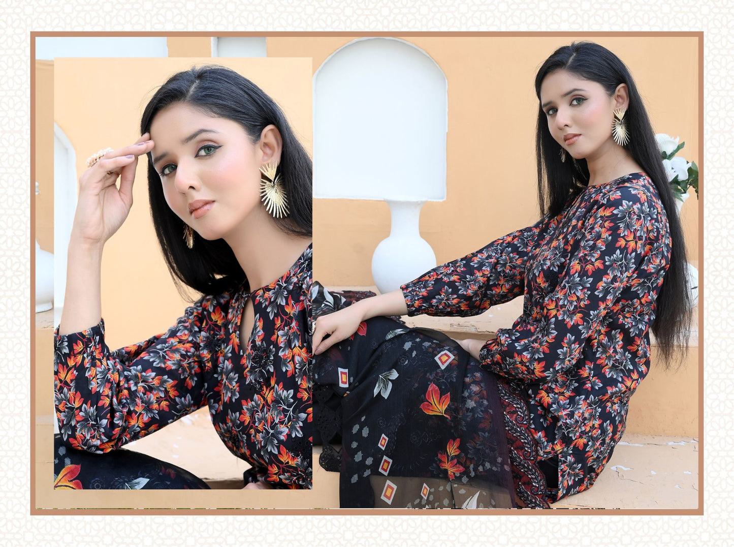 Florence - Festive Embroidered Luxury Lawn (Mustard Black)