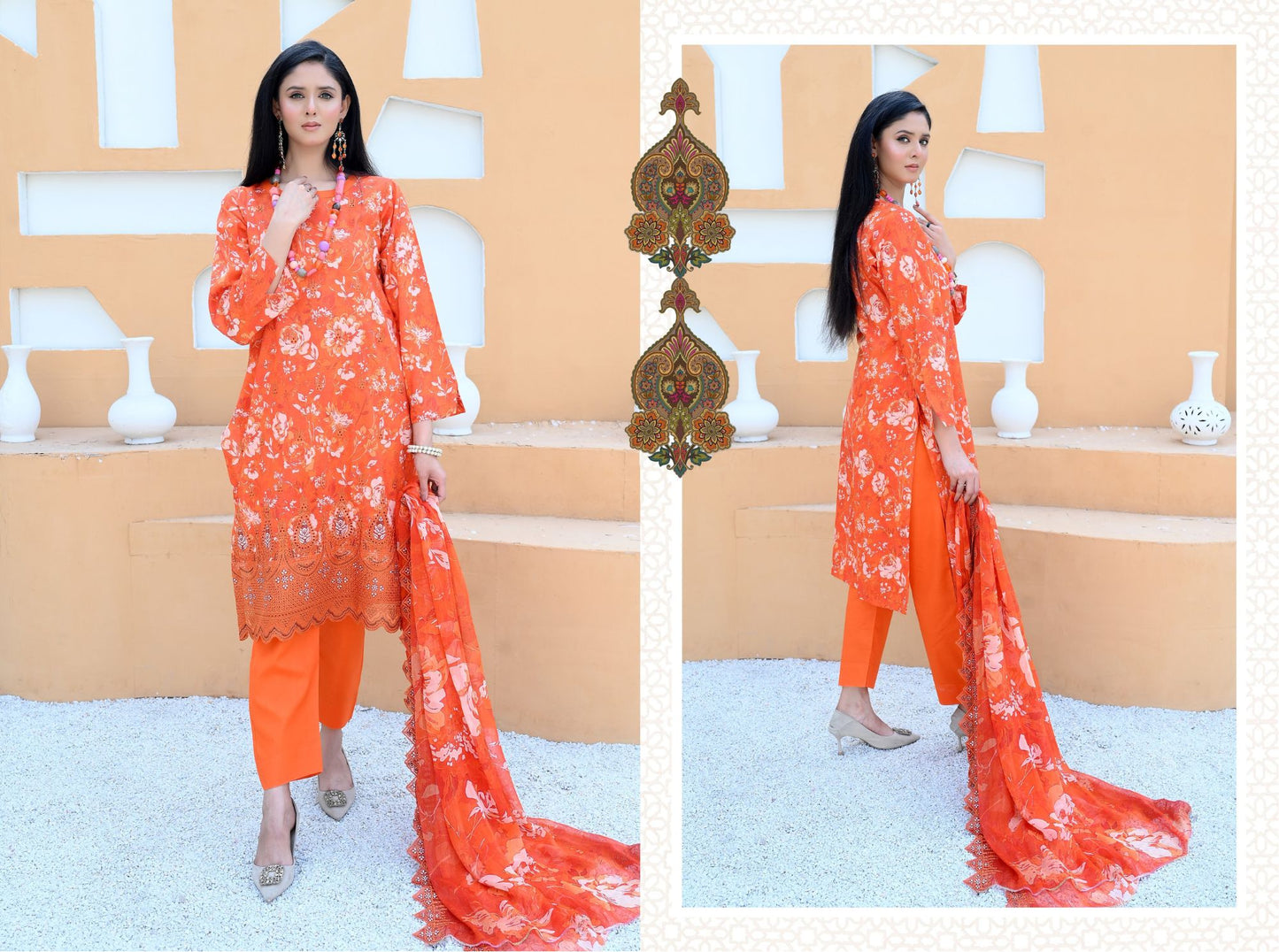 Florence - Festive Embroidered Luxury Lawn (Mustard Black)