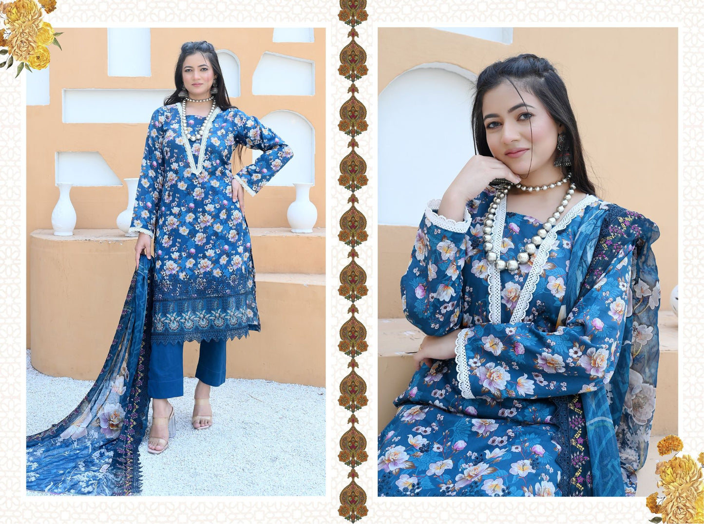 Florence - Festive Embroidered Luxury Lawn (Mustard Black)