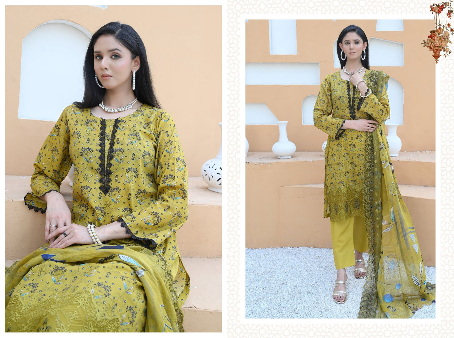 Florence - Festive Embroidered Luxury Lawn (Mustard Black)