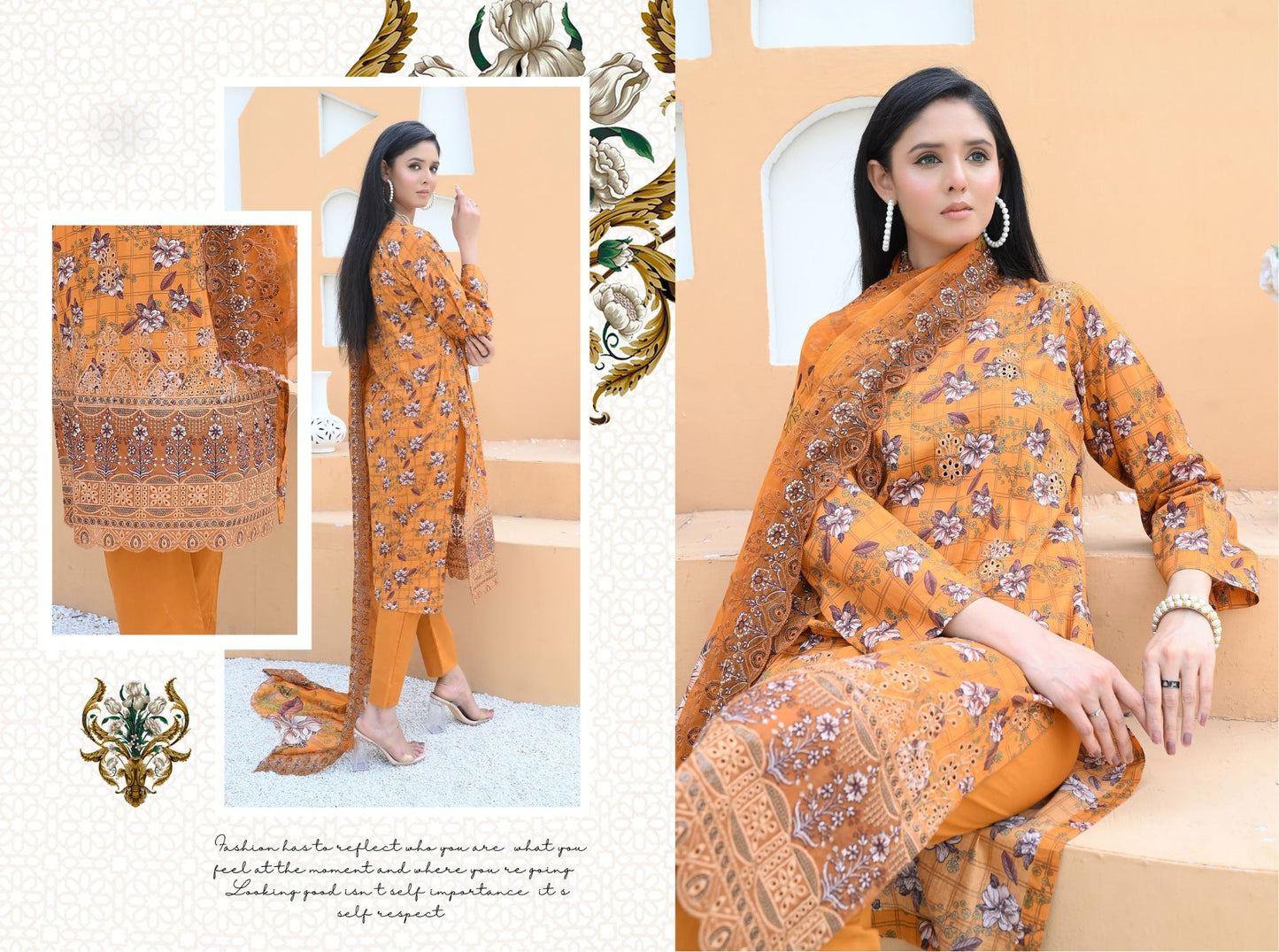 Florence - Festive Embroidered Luxury Lawn (Mustard Black)