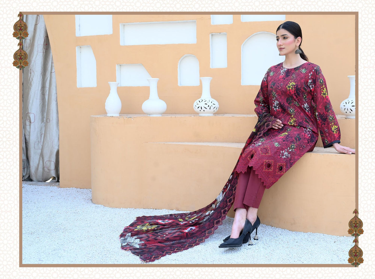 Florence - Festive Embroidered Luxury Lawn (Mustard Black)